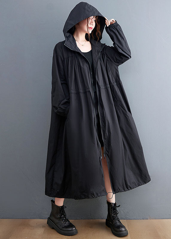 Black Hooded Drawstring Cotton Trench Coat Spring