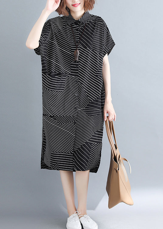 Stylish Black Peter Pan Collar Low High Design Striped Shirt Dresses Short Sleeve