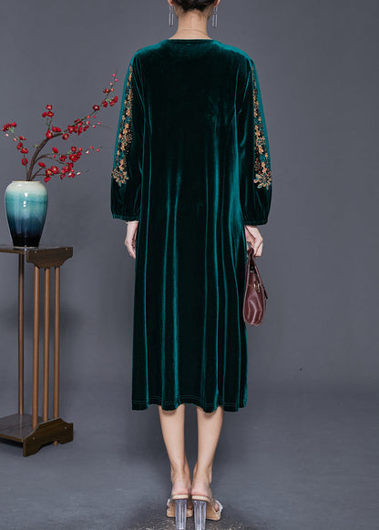 Green Embroideried Hollow Out Silk Velour Dress Fall