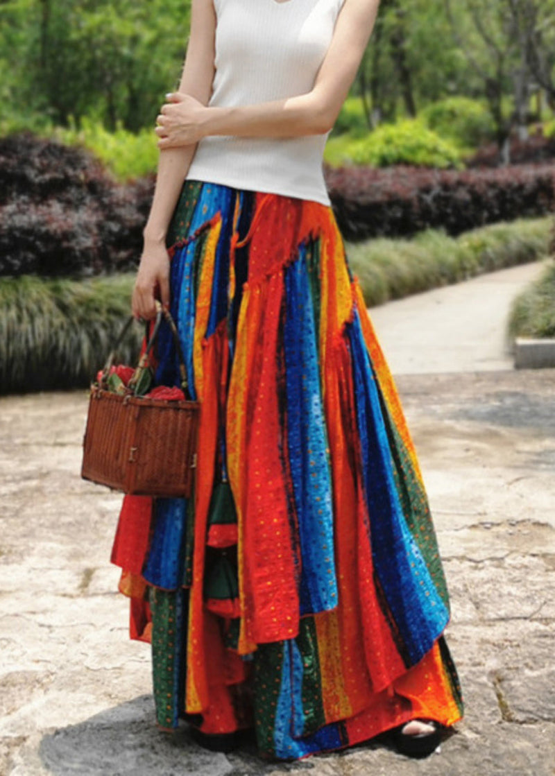 Multi Color Wrinkled Patchwork Exra Large Hem Cotton Maxi Skirt Spring