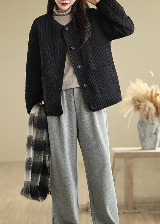 Black Pockets Button Fine Cotton Filled Coat O Neck Spring