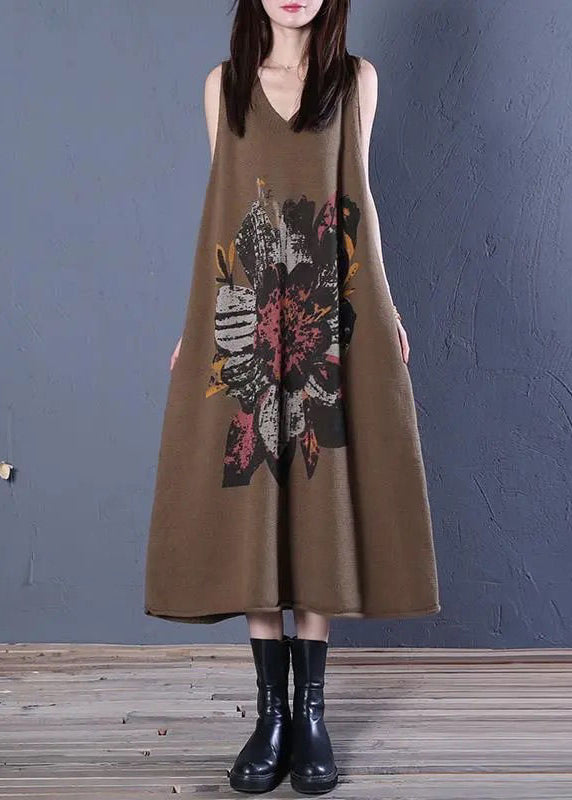 Coffee V Neck Print Cotton Knit Long Dress Sleeveless