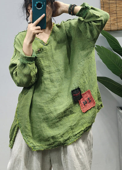 Organic Orange V Neck Embroideried Patchwork Side Open Linen Tops Long Sleeve