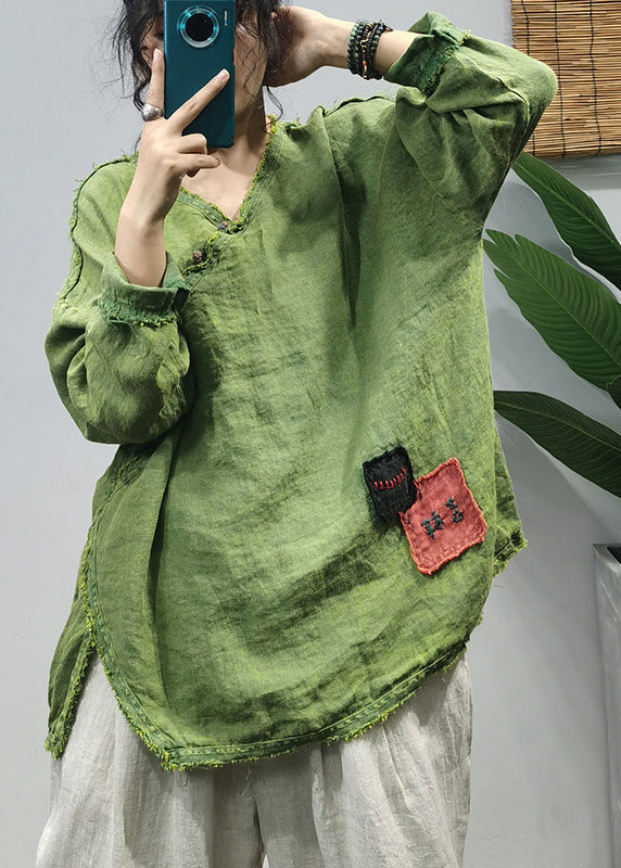 Organic Orange V Neck Embroideried Patchwork Side Open Linen Tops Long Sleeve