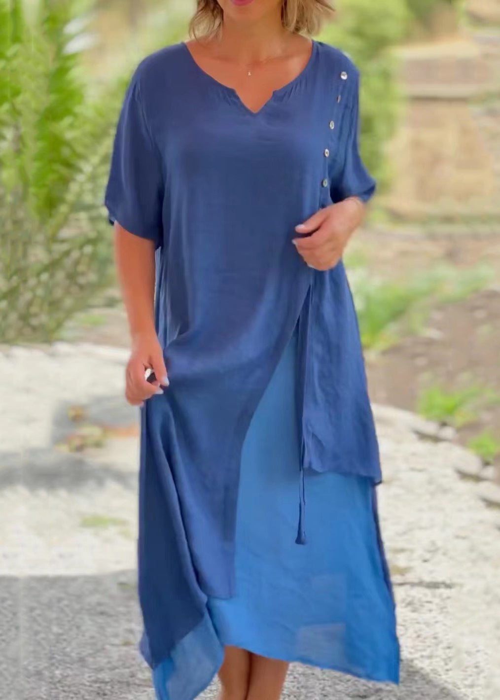 Black V Neck Asymmetrical Patchwork Cotton Dress Summer