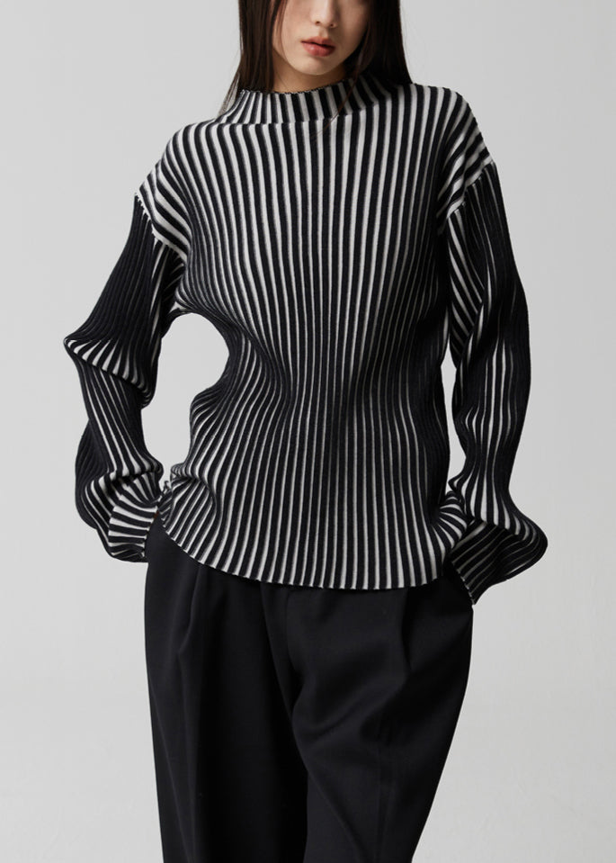French Striped Stand Collar Patchwork Knit Top Long Sleeve Winter
