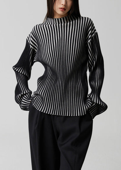 French Striped Stand Collar Patchwork Knit Top Long Sleeve Winter