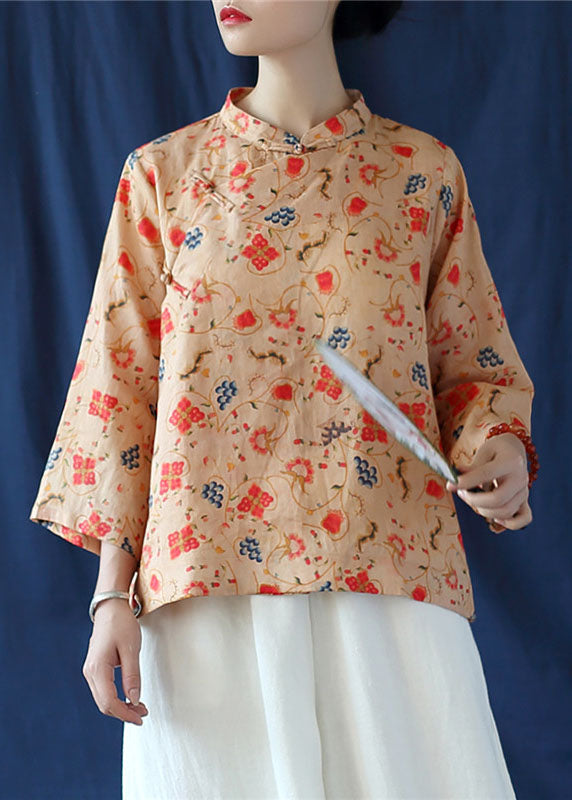 Khaki Button Print Linen Shirt Tops Three Quarter Sleeve