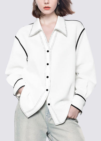 Italian White Peter Pan Collar Patchwork Button Shirts Fall