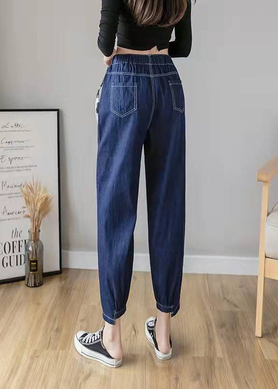 Italian Spring Pants Stylish Denim Blue Photography Elastic Waist Patchwork Pants