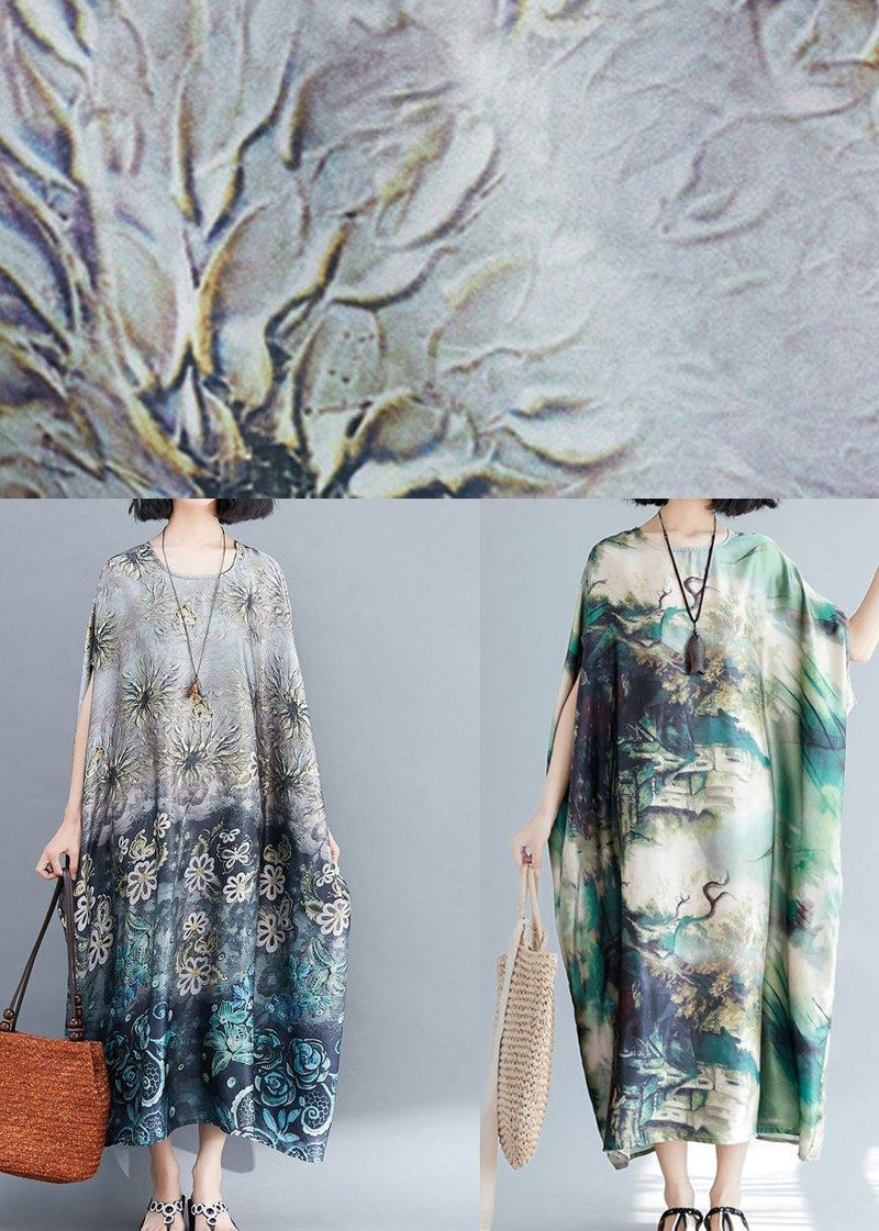 French O Neck Baggy Summer Wardrobes Lnspiration Green Print Robes Dresses