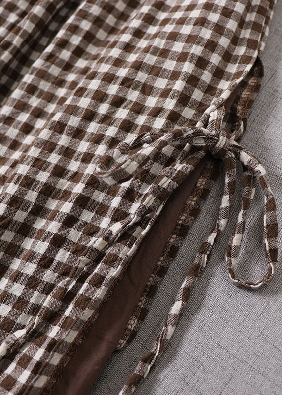 French Chocolate Plaid Side Open Tie Skirt Spring