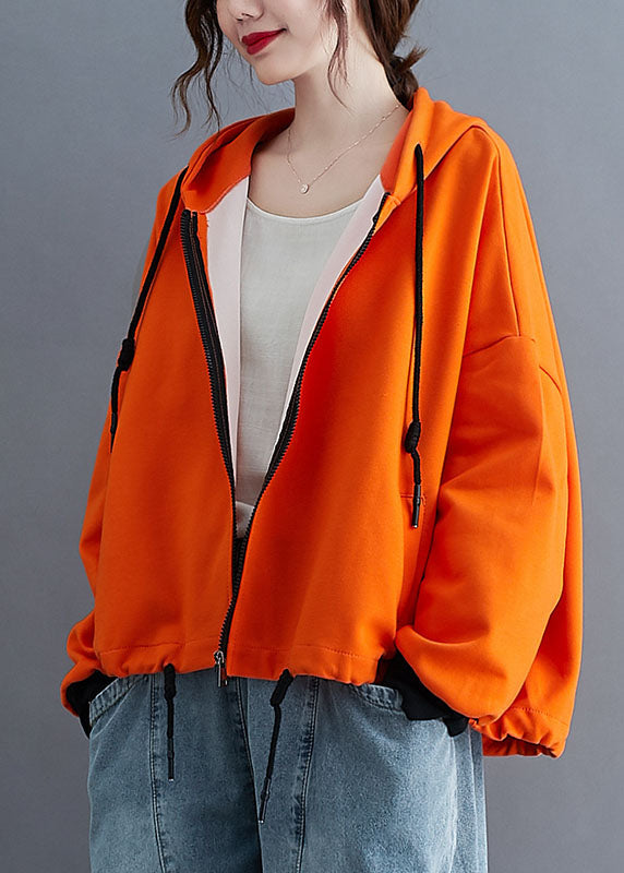 Unique Orange Hooded Zippered Drawstring Fall Jacket Long Sleeve