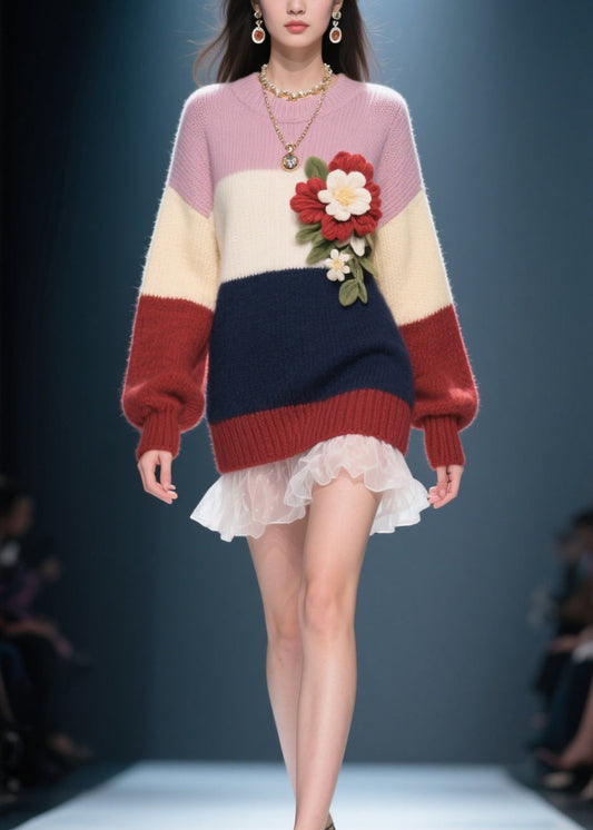 Colorblock O Neck Tulle Patchwork Knit Sweater Dress Fall