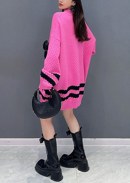 Rose O Neck Patchwork Cotton Knit Sweaters Long Sleeve
