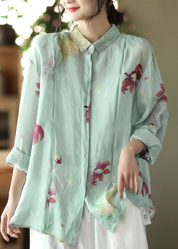 Light Green Button Peter Pan Collar Linen Blouses Spring