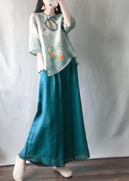 Light Green O-neck Print Shirts and Maxi Skirts Two Pieces Set Summer