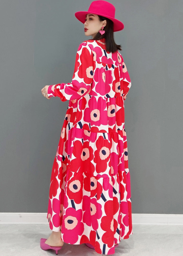 Red Stand Collar Print Patchwork Wrinkled Cotton Long Dress Long Sleeve