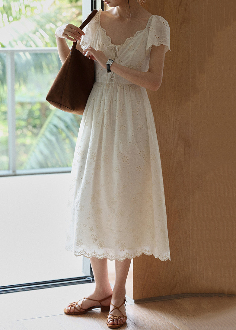 Beige Embroidered Lace Up Cotton Long Dress Summer