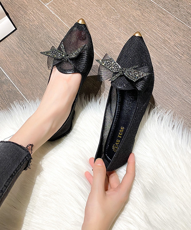 Summer New Champagne Bow Zircon Pointed Flat Shoes