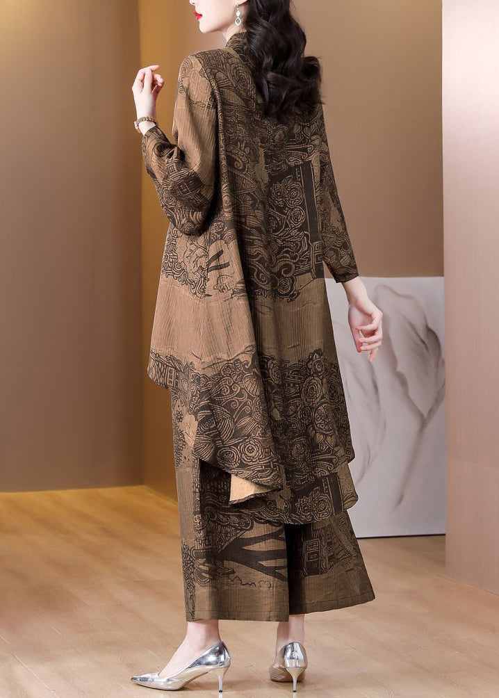 Coffee Print Low High Design Chinese Button Silk Two Pieces Set Spring