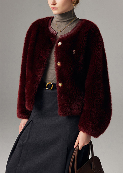 Wine Red Button Leather and Fur Winter Coats O Neck