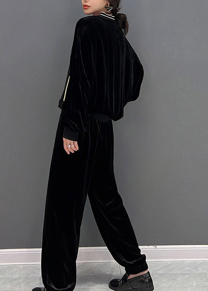 Stylish Black V Neck Print Coats and Pants Two Pieces Set Fall