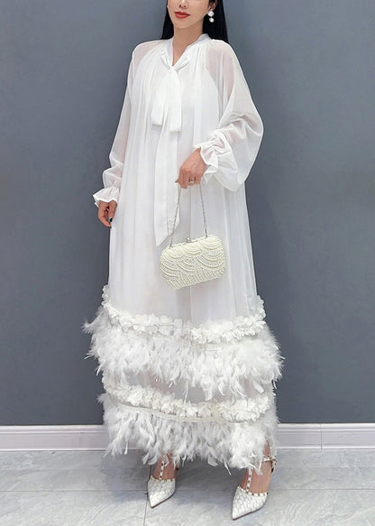 Green Bow Patchwork Tassel Chiffon Long Dresses Fall