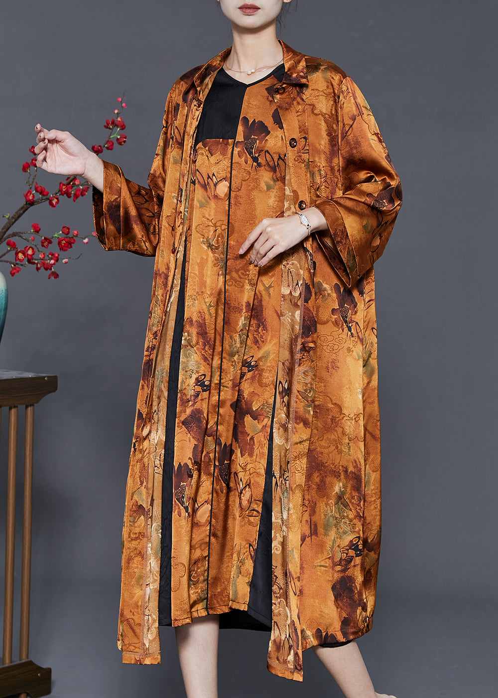 Stylish Brown Oversized Patchwork Print Silk Two Piece Set Outfits Spring