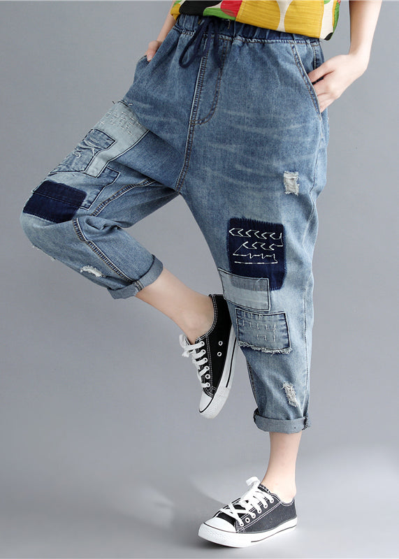 Blue Elastic Waist Patchwork Applique Denim Pants Spring