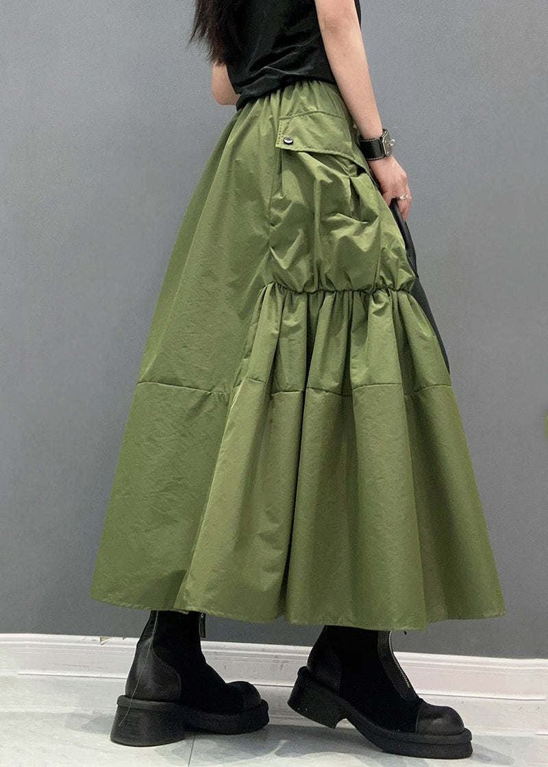 Green Pockets Patchwork Elastic Waist Maxi Skirts Summer