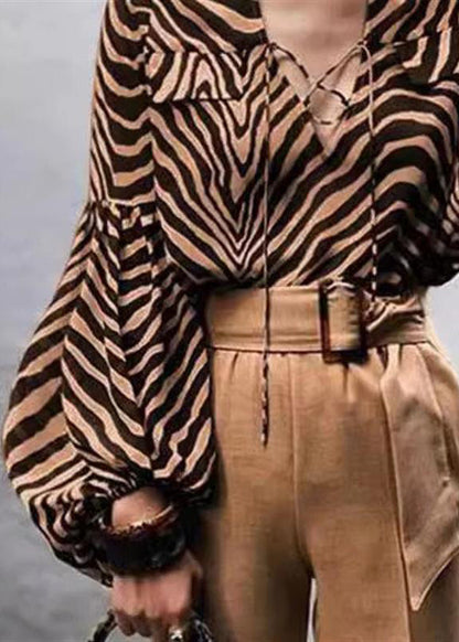 Zebra Print V-neck Lace-up Lantern Sleeve Shirt