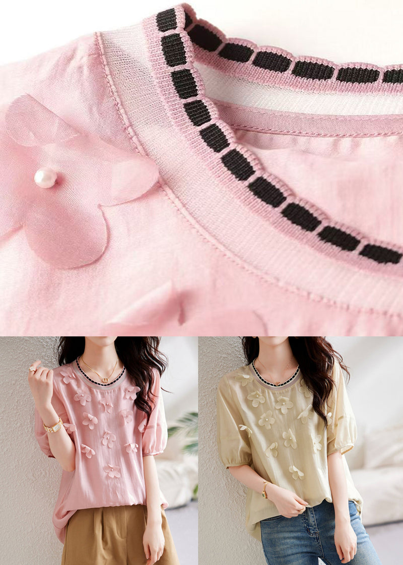 Khaki Patchwork Chiffon Summer Shirts O-neck