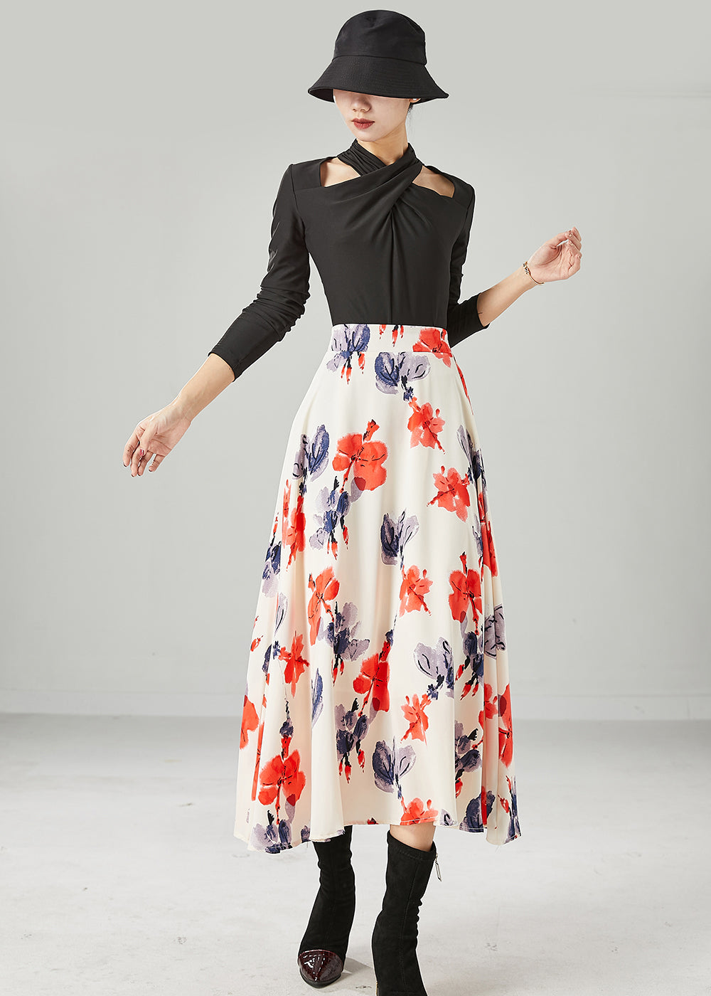 Apricot High Waist Print Chiffon a Line Skirts Summer