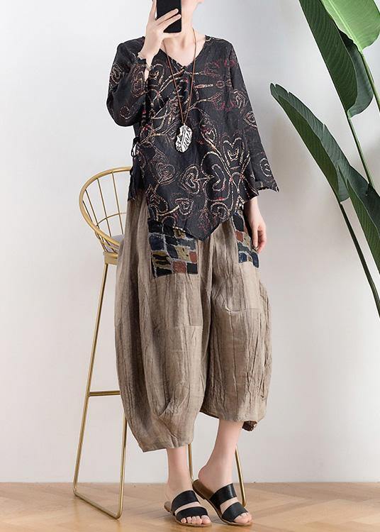 Black Print Asymmetrical Designlinen Summer Tops