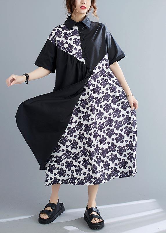 Unique Black Patchwork Print Peter Pan Collar Summer Chiffon Dress