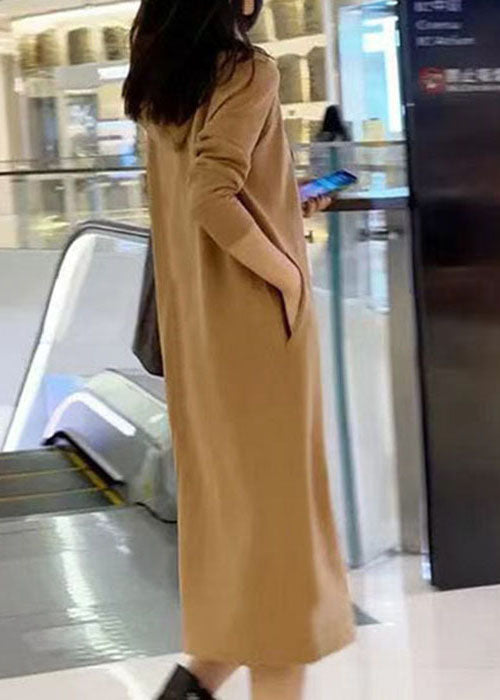 Style Khaki Hooded Cinched Cotton Sweatshirt Dress Spring