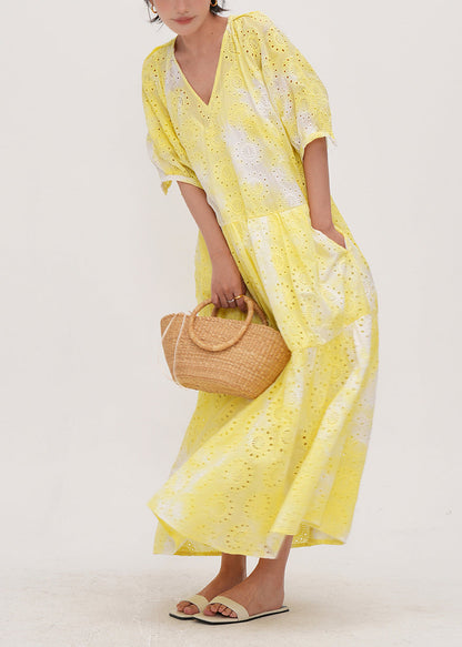 Yellow Tie Dye Hollow Out Cotton Holiday Dress Summer