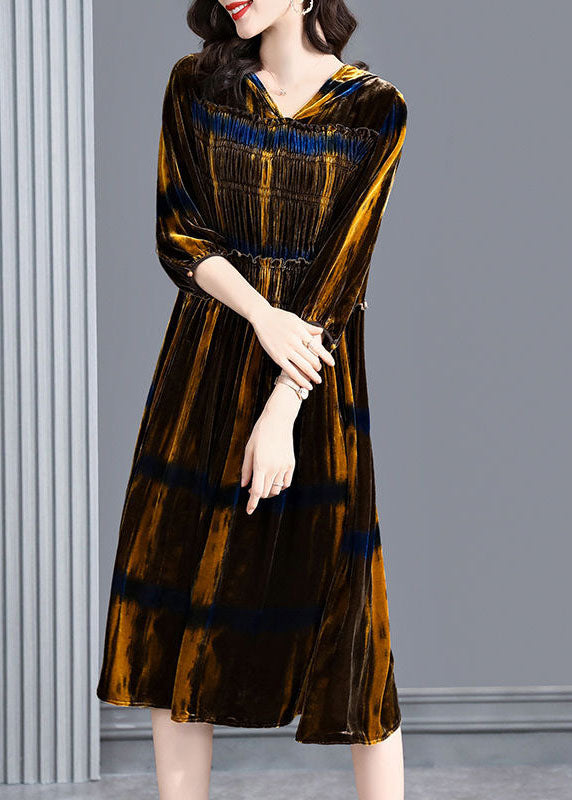 Brown Hooded Ruffled Wrinkled Silk Velour Maxi Dresses Spring