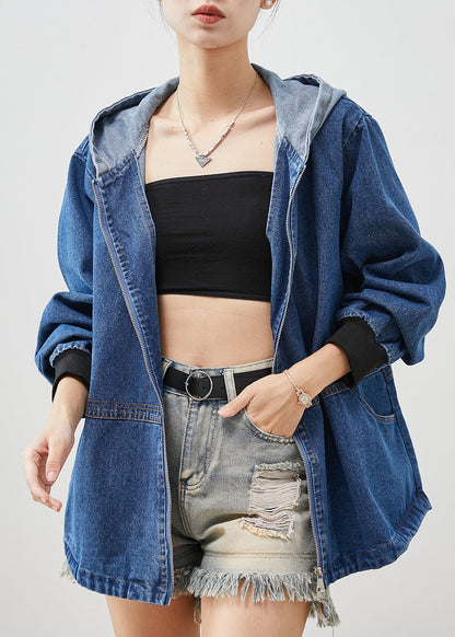 Blue Hooded Patchwork Denim Jackets Spring