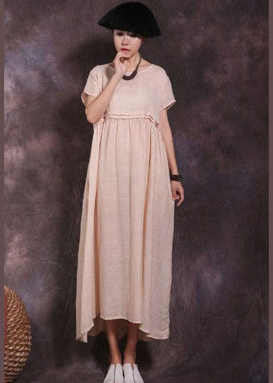 Art Beige Wrinkled Patchwork Cotton Long Dress Short Sleeve