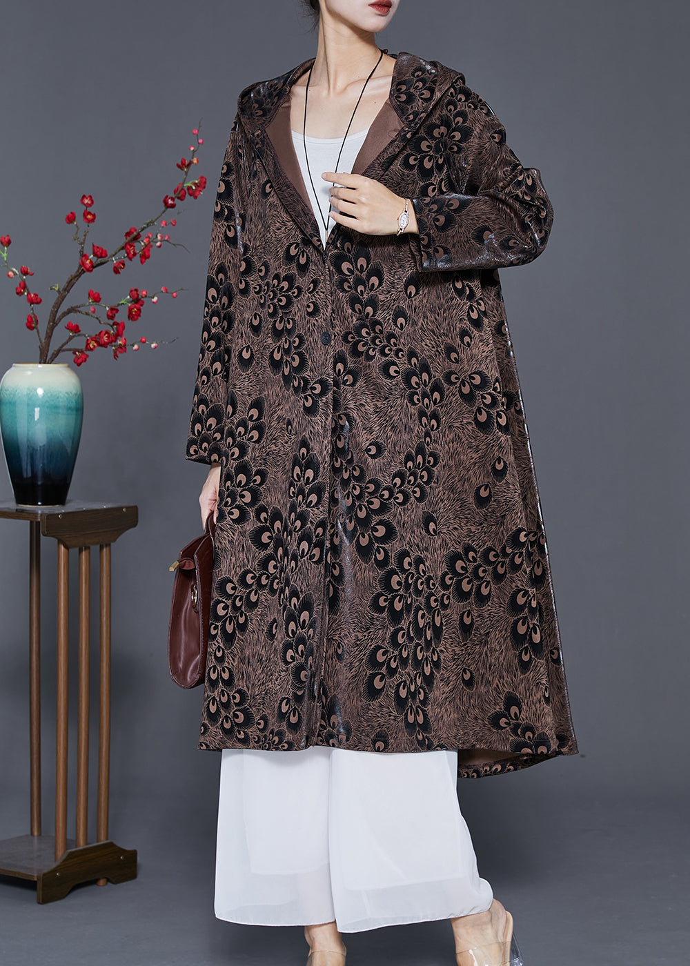 Brown Hooded Print Spandex Coat Outwear Spring