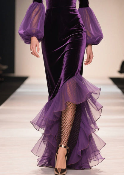 Purple V Neck Asymmetrical Ruffled Patchwork Velvet Dresses Fall