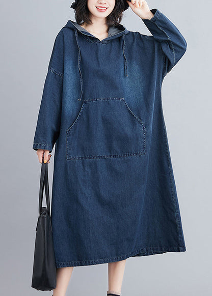 Denim Blue Hooded Pockets Denim Long Dress Spring