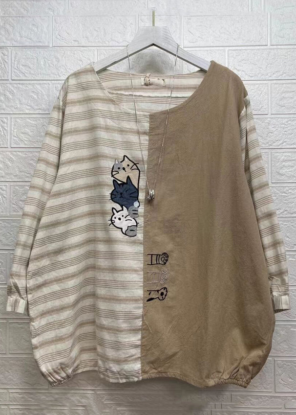 Khaki Striped Asymmetrical Patchwork Cotton Top Fall