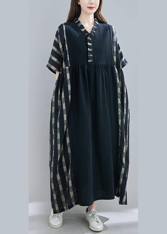 100% V Neck Patchwork Spring Clothes Sleeve Black Plaid Maxi Dress