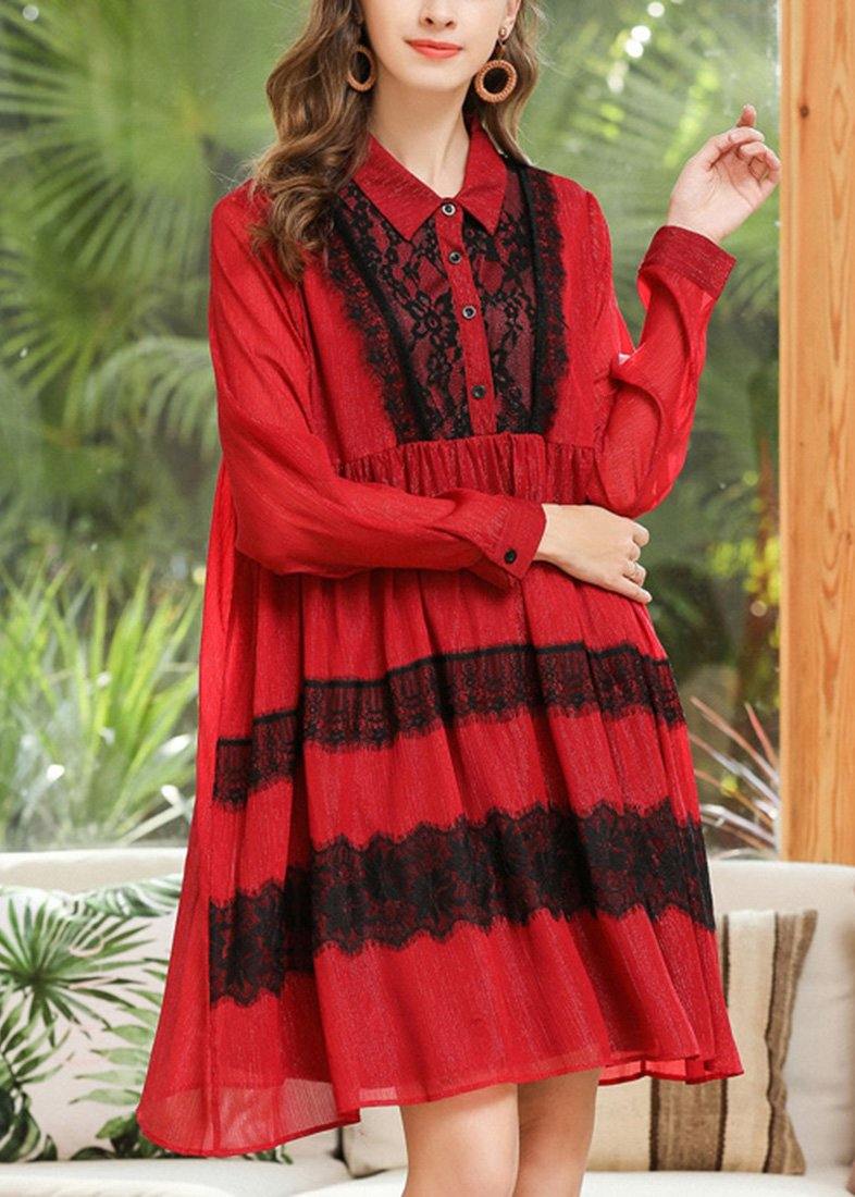 Modern Red Patchwork Peter Pan Collar Chiffon Summer Dresses