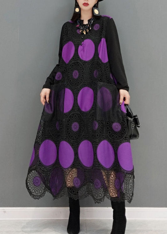 Purple Pockets Dot Print Patchwork Lace Maxi Dress Spring