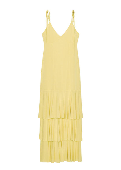 Yellow Ruffled Patchwork Chiffon Spaghetti Strap Dress Summer