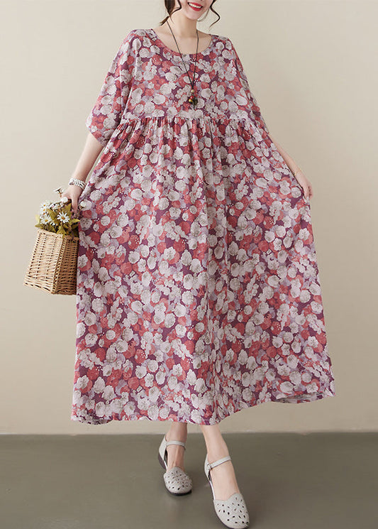 Red O-neck Print Wrinkled Maxi Dress Short Sleeve
